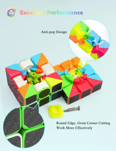 Miniatura 9 de Roxenda Juego de cubos de velocidad, [5 unidades] Paquete de cubos mágicos de 2 x 2, 3 x 3 pulgadas, cubo megaminx y cubo piramidal, colección