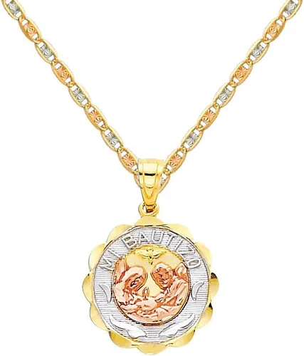 The World Jewelry Center 14k Tri-color Gold Religious Baptism Pendant with 1.5mm Valentino Diamond Cut Chain Necklace