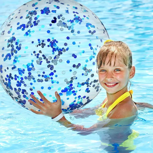 Miniatura 7 de Civaner 6 bolas inflables de playa con purpurina azul de verano de 24 pulgadas, bolas de piscina grandes con confeti brillante, flotantes, globos