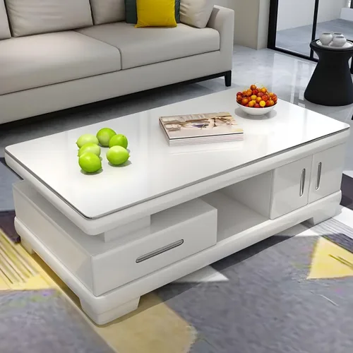 Miniatura 3 de RUNNUP Mesa de centro rectangular moderna de vidrio con base de madera blanca y almacenamiento de 2 niveles, mesa central de sofá para sala de Beige