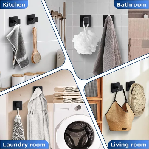 Miniatura 2 de Ganchos de toalla negros mate para baños, gancho moderno de acero inoxidable resistente montado en la pared, paquete de 4, ideal para colgar Negro