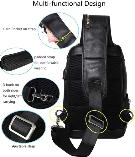Miniatura 6 de Bolso vintage de cuero genuino de grano completo para hombres, mini pequeño tamaño mediano, con puerto de carga USB, Negro (Small-black), S