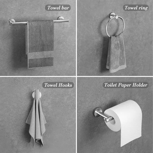 Miniatura 2 de Hardware de baño redondo de níquel cepillado: juego de 8 piezas de accesorios de baño de acero inoxidable - Incluye toallero de pared, soporte