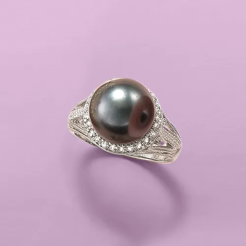 Miniatura 4 de Ross-Simons 11-12mm Black Cultured Tahitian Pearl Ring With .20 ct. t.w. White Topaz in Sterling Silver