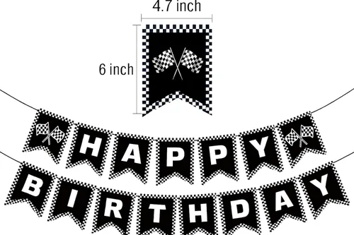 Miniatura 3 de Decoraciones de fiesta de cumpleaños de coche de carreras, bandera de feliz cumpleaños a cuadros en blanco y negro, suministros de fiesta temática