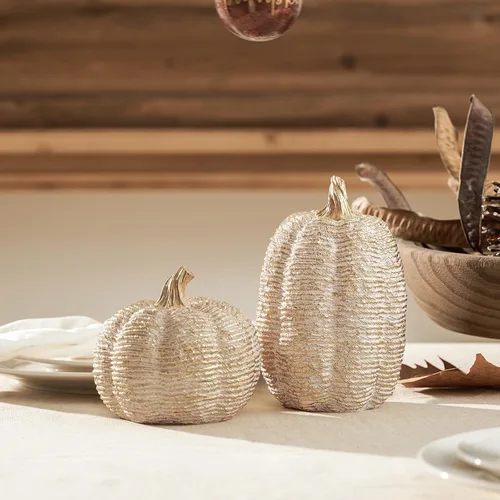 Miniatura 2 de DN DECONATION - Centros de mesa de decoración de calabaza de otoño, 2 piezas, oro blanco Artificial Pumpkins Figurines for Autumn Thanksgiving