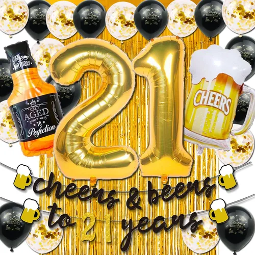 Decoraciones de cumpleaños 21 para él, decoraciones de cumpleaños 21 con globos dorados de 40 pulgadas, pancarta de felicitación a 21 años, cortinas