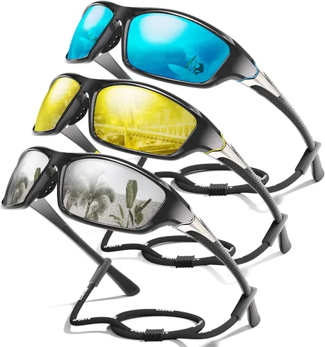 Miniatura 7 de Paquete de 3 lentes de sol deportivos polarizados para hombres, gafas de sol masculinas envolventes con protección UV para ciclismo, pesca