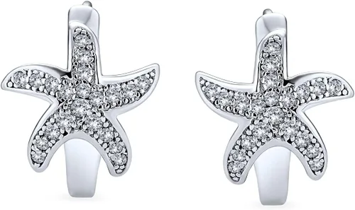 Miniatura 2 de Aretes de aro con forma de estrella de mar náutica para mujer, para adolescentes, micro pavimentar circonita cúbica, plata de ley 925, Gema Metal