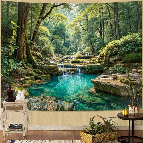 Miniatura 29 de Zussun Tapiz de Bosque Natural de Montaña Tapiz Verde de Pino Luz Solar Selva para Dormitorio Estético Planta Paisaje de Montaña Tapices Pequeños