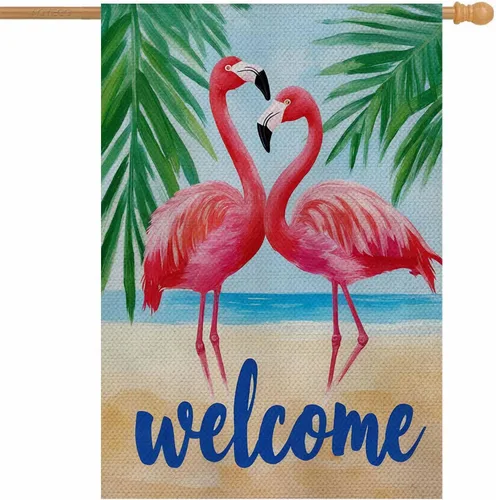 AOYEGO Banderas de casa de flamenco con acentos de temporada, 28 x 40 pulgadas, arpillera de doble cara, acuarela, dos flamencos en la playa,