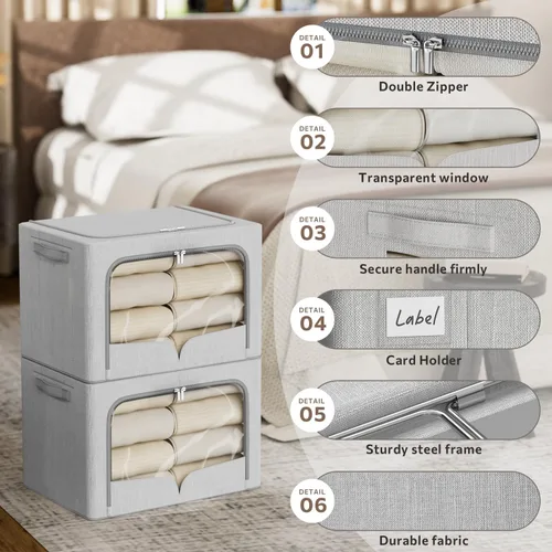 Miniatura 3 de FHSQX Paquete de 3 contenedores de almacenamiento de ropa, caja de almacenamiento plegable con marco de metal, juego organizador apilable de tela