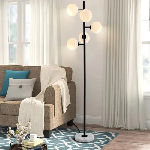 Miniatura 3 de KCO Lighting Five Globe - Lámpara de pie moderna de mediados de siglo, pantalla de vidrio de leche, acabado negro, base de mármol para sala de estar