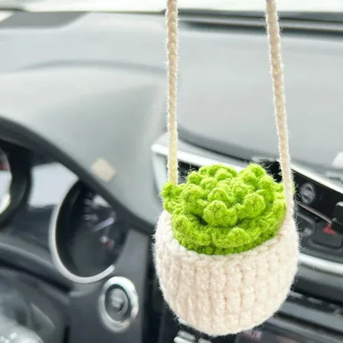 Planta colgante de ganchillo para automóvil, colgador de espejo de automóvil de punto, cesta colgante de ganchillo para plantas de automóvil, lindos