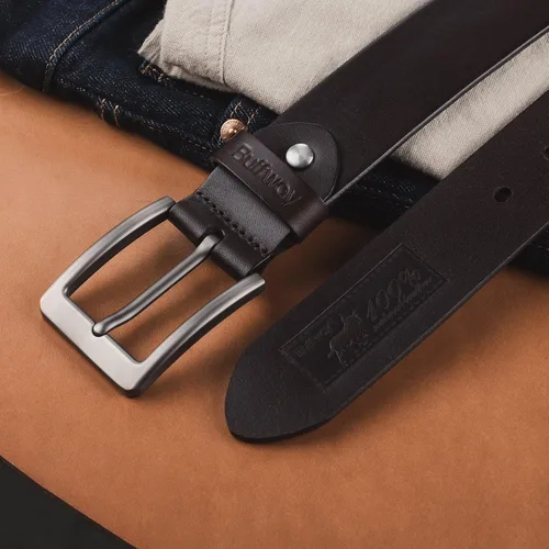 Miniatura 6 de Cinturón Buffway de piel italiana, resistente, cinturones de vestir con hebilla clásica, resistente, informal, para hombre