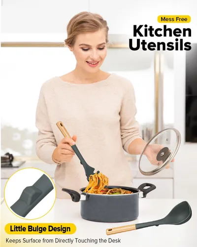 Miniatura 4 de Juego de cucharón de sopa de silicona y cuchara de espagueti con mango de madera, utensilios de cocina antiadherentes resistentes al calor para Gris