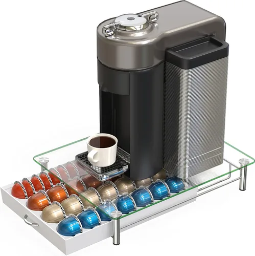 Miniatura 5 de DecoBrothers Cajón Organizador de Cápsulas de Vidrio Templado de Cristal Vertuo, Organizador de 28 Cápsulas Grandes o 56 Pequeñas Nespresso, Blanco