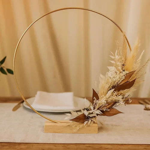 Miniatura 9 de Paquete de 10 aros florales con soporte de madera de 10 pulgadas, anillos de metal para centros de mesa de bricolaje, decoraciones de mesa