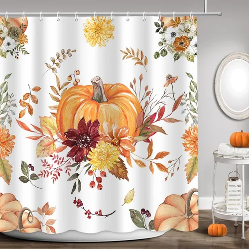 APROPHIC Juego de cortina de ducha de calabaza bohemia para decoración de baño, cosecha de otoño, flores de Acción de Gracias, granja, bohemio,
