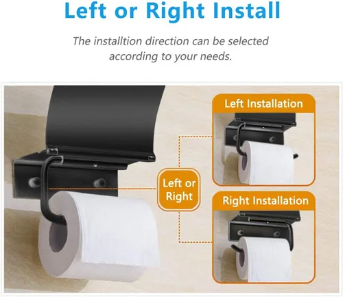 Miniatura 4 de Soporte de papel higiénico negro mate montado en la pared con estante para teléfono, soporte universal moderno para papel higiénico de megarrollo