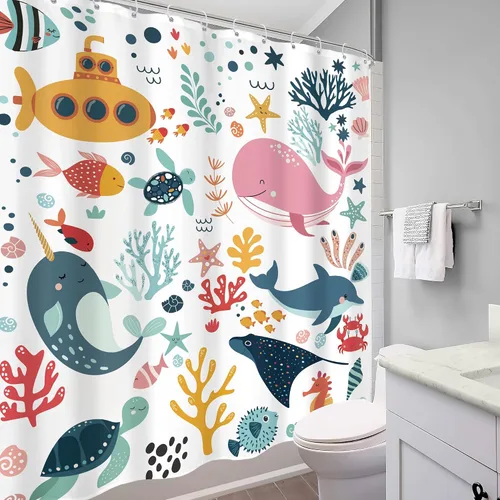 Miniatura 4 de Cortina de ducha para niños, océano, verano, linda ballena de dibujos animados, divertida decoración de baño para guardería, niños y niñas
