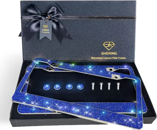 Miniatura 9 de Shering Marco de matrícula brillante, paquete de 2 marcos de matrícula con caja de regalo de primera calidad para mujeres, marcos de matrícula