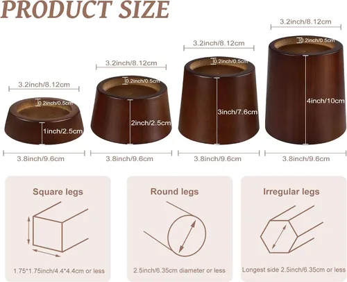 Miniatura 2 de OneDream Bloques elevadores de madera para muebles, juego de 4 elevadores de cama de 1 pulgada, elevadores redondos de madera maciza resistente