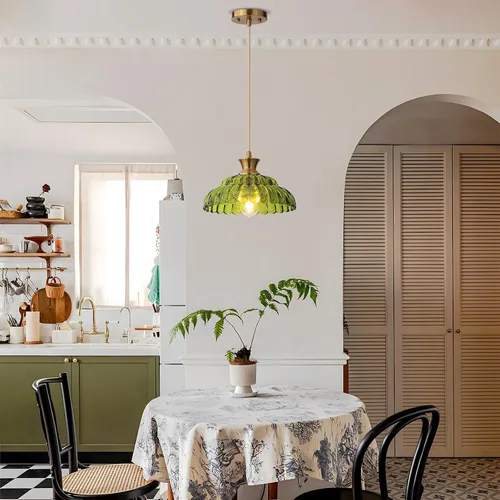 Miniatura 5 de Luces Colgantes de Vidrio Verde, 11.8" Iluminación Vintage Accesorios de Luz de Vidrio Dorado Cepillado Moderno Colgante de Techo para Isla