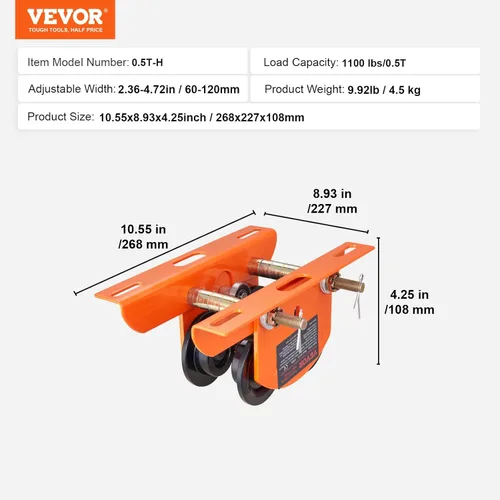 Miniatura 7 de VEVOR Carro manual de polipasto eléctrico, 1100 lbs/0.5 toneladas de capacidad para PA200 PA250 PA300 PA400 PA500, carretilla de viga de empuje