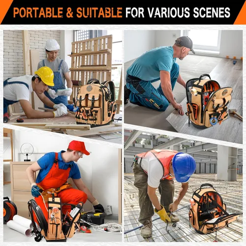 Miniatura 8 de Mochila para herramientas, mochila de herramientas resistente, bolsa de herramientas HVAC para electricista/trabajos de construcción con base Marrón