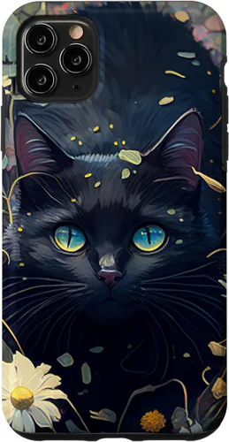 Funda estética para iPhone 11 Pro Max con diseño de gato negro en jardín de flores botánicas