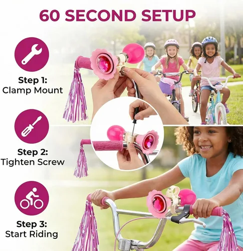 Miniatura 4 de Bocina de bicicleta para niños, campana de bicicleta para niños con 2 asas de bicicleta, accesorios de bicicleta para niñas o niños (rosa)