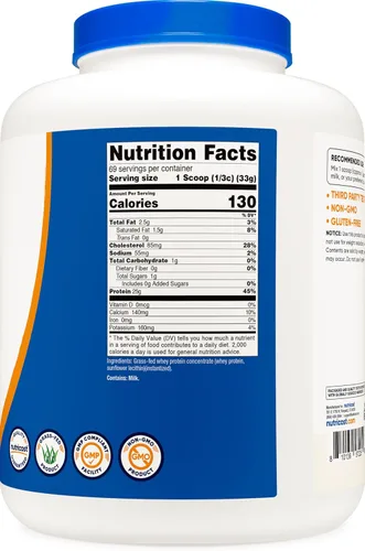 Miniatura 5 de Nutricost Concentrado de proteína de suero alimentado con pasto (sin sabor) 5 libras, sin desnaturalizar, sin OMG, sin gluten, sabores naturales