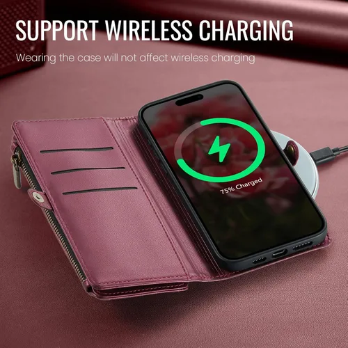 Miniatura 9 de Defencase Compatible con iPhone 15 Plus Funda Cartera con Tarjetero de Bloqueo RFID para Mujeres y Hombres, Cuero PU Cierre Magnético Plegable Rojo