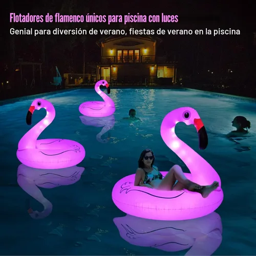 Miniatura 7 de Flotadores inflables de flamenco con luces, anillos de tubo de natación de flamenco alimentado por energía solar, flotadores de playa de lago de 42