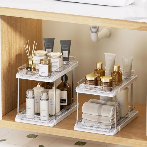 Miniatura 9 de Delamu Organizadores y almacenamiento de 2 niveles para debajo del fregadero, cajones extraíbles con diseño antideslizante, almacenamiento multiusos
