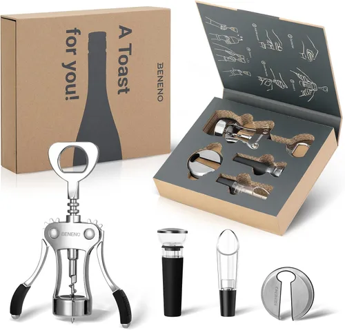 Beneno Abridor multifuncional de botellas de vino con ala de regalo, sacacorchos, cortador de aluminio, tapón al vacío y vertedor aireador, perfecto