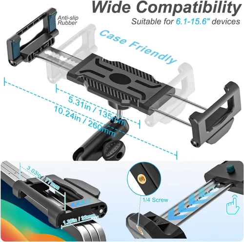 Miniatura 6 de Soporte para tableta de parabrisas de camión de doble cabezal, cabezal de bola de metal ajustable de rotación de 360°, funda de grosor de ajuste