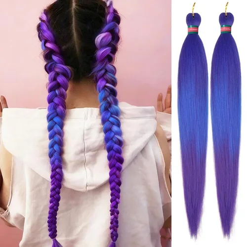 Miniatura 29 de Extensiones de cabello para trenzar verde+verde claro, preestiradas, 2 paquetes, con cabello plumoso pre-trenzado, extensiones de cabello