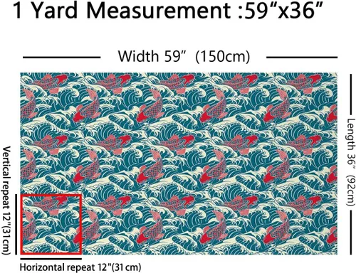 Miniatura 2 de Koi Fish - Tela de tapicería de The Yard, tela decorativa japonesa exótica Hokusai con olas del océano para tapicería y proyectos de bricolaje