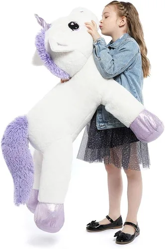 Miniatura 17 de Tezituor Juguetes de peluche de unicornio grande de 43 pulgadas, animales de peluche de unicornio blanco hueso, bonitas decoraciones de cumpleaños