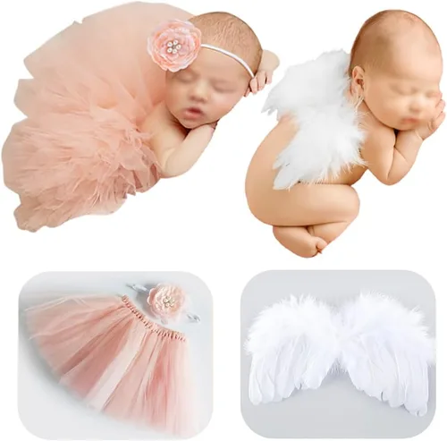Conjunto de accesorios para fotos para niñas recién nacidas, accesorios de fotografía para recién nacidos, falda tutú rosa y alas de ángel para