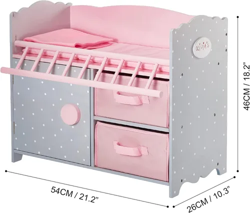 Miniatura 2 de Olivia's Little World Cuna de madera para muñeca con un gabinete y dos cubículos para almacenamiento de accesorios de muñeca debajo, lunares rosados
