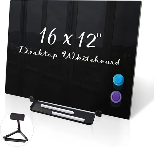 ZHIDIAN - Caballete de escritorio de cristal magnético negro, pizarra de borrado en seco negro de 16 x 12 pulgadas para escritorio, pizarra blanca