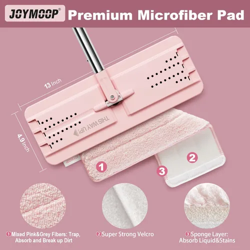 Miniatura 2 de JOYMOOP Trapeador plano, trapeadores de microfibra para limpieza de suelos, mango largo de 60 pulgadas con cabezal plano flexible de 13 pulgadas