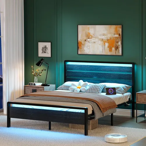 Miniatura 14 de VINGLI Base de cama de plataforma individual con cabecero y estribo LED, estación de carga USB, cama de panel de metal con espacio de almacenamiento