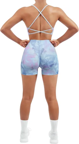 Miniatura 4 de SUUKSESS Conjuntos de entrenamiento sin costuras para mujer, sujetador deportivo con tiras y cintura alta, pantalones cortos