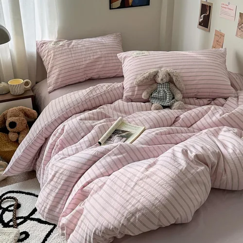 Miniatura 30 de AOJIM Blue & Brown Striped Duvet Cover Set Twin Size 100% Washed Cotton Stripe Bedding Set 3-Piece, Soft Zipper Comforter Cover and 2 Pillowcases