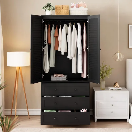 Miniatura 3 de GarveeHome Armario para guardar ropa con cajones, armario de madera de 69.5 pulgadas con barra para colgar, armario de almacenamiento para ropa