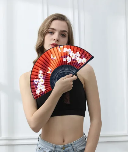 Miniatura 3 de Ventilador de mano plegable para mujer, estilo chino japonés vintage, de seda de bambú, 15 x 8.3 pulgadas, con borla y bolsa para fiesta, boda